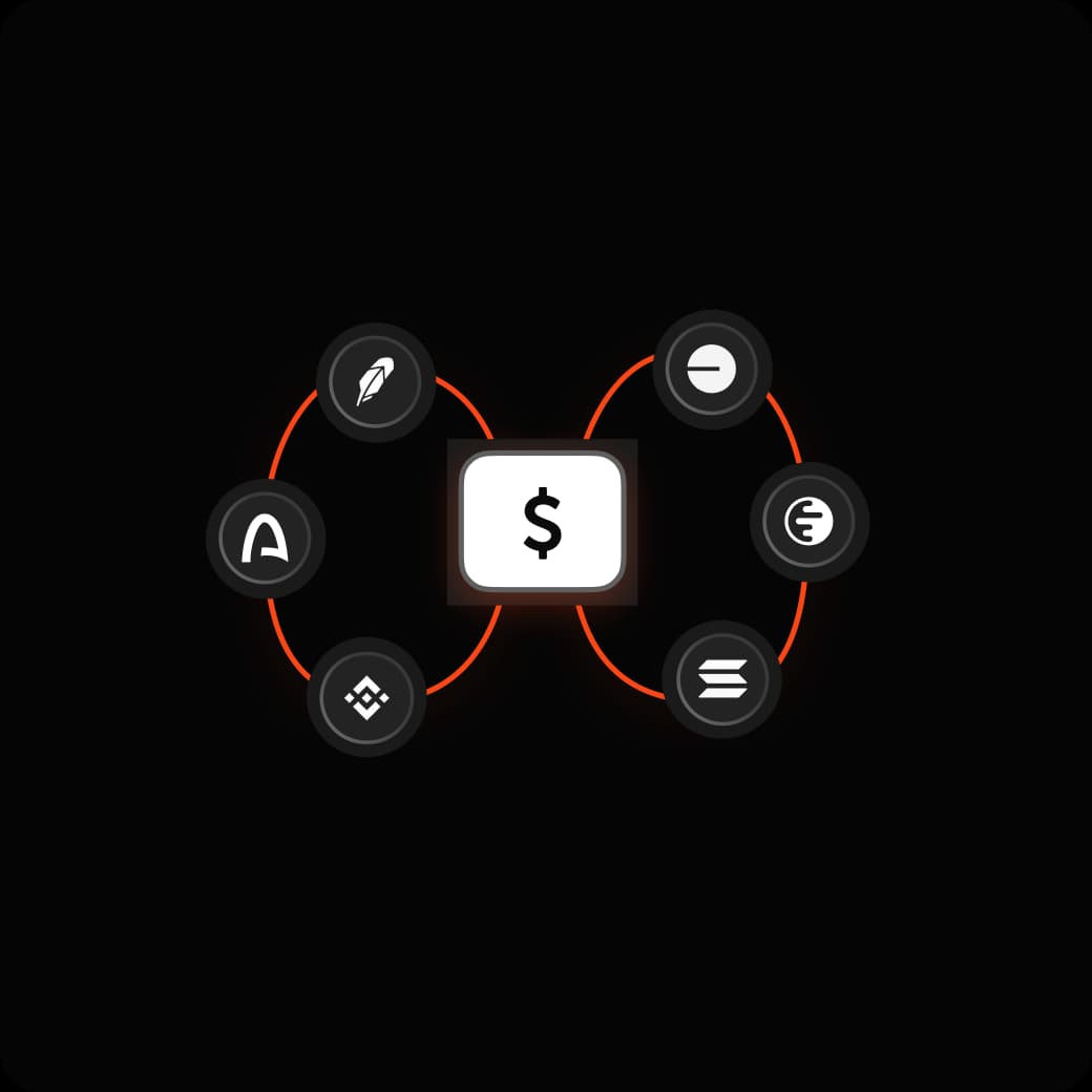 Chain logos orbiting a central USDC balance