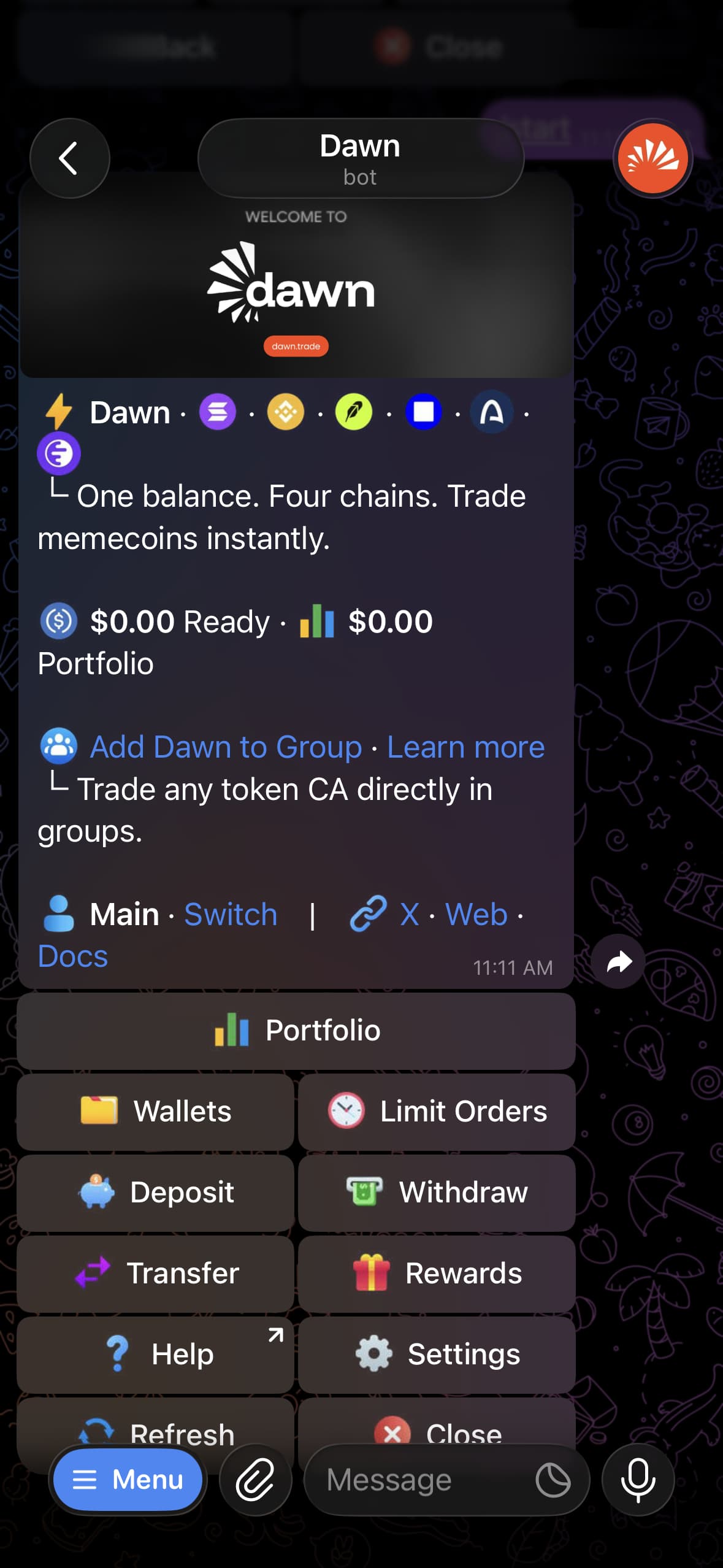 Dawn bot welcome screen in Telegram: one balance across chains, with Portfolio, Wallets, Limit Orders, Deposit, Withdraw, Transfer and Rewards buttons
